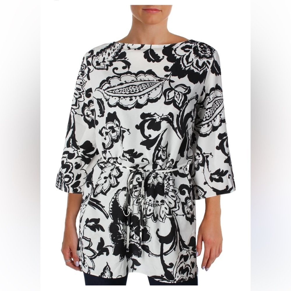Ralph Lauren Richardson Black and White Floral Boat Neck Top